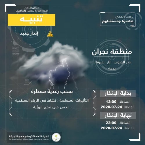 مدني نجران يدعو لتوخي الحذر واتباع ارشادات السلامة نتيجة التقلبات الجوية وتوقعات هطول الأمطار على المنطقة ومحافظاتها.